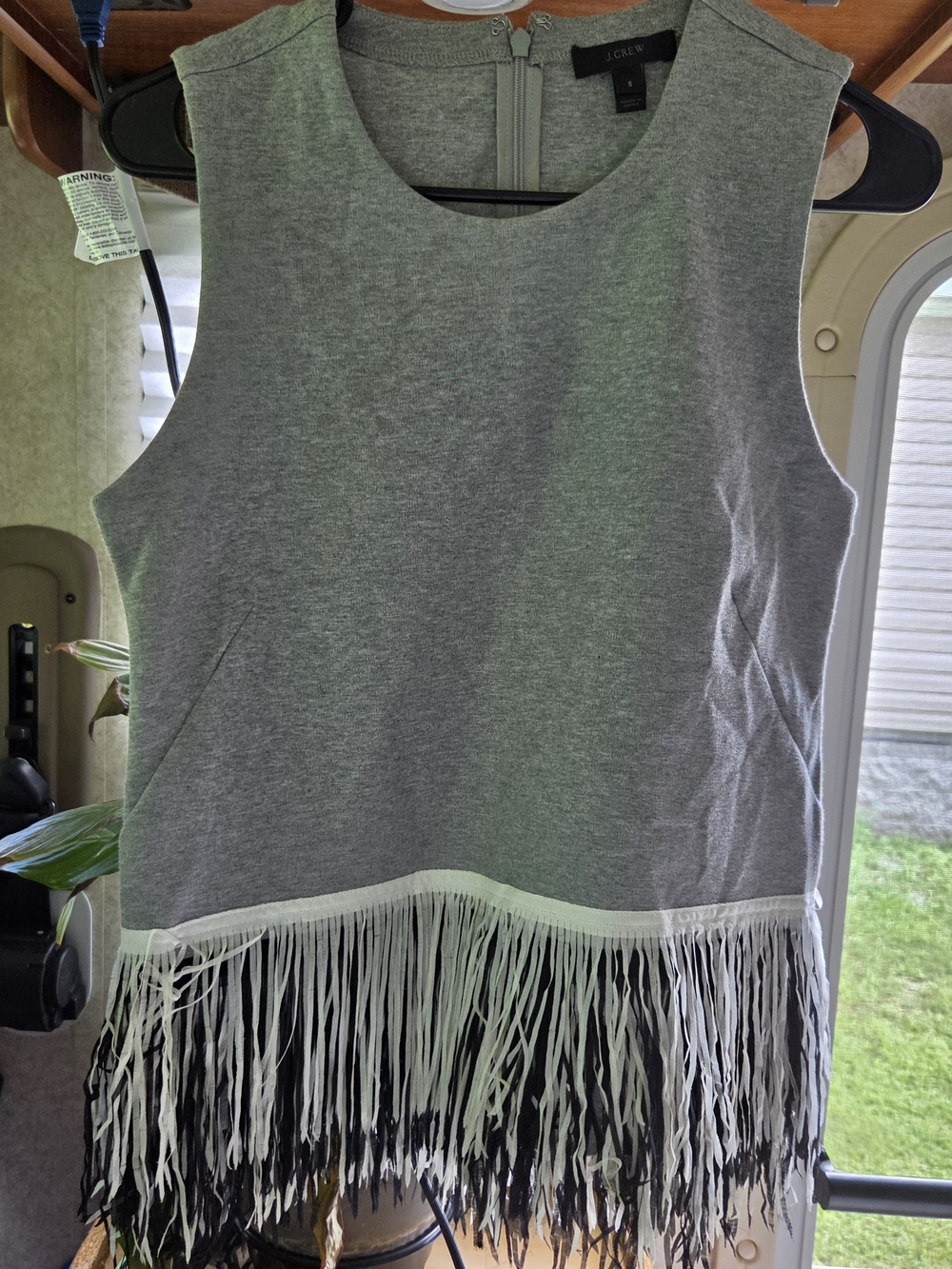 J. Crew Gray Sleeveless Tank with White and Black Fringe